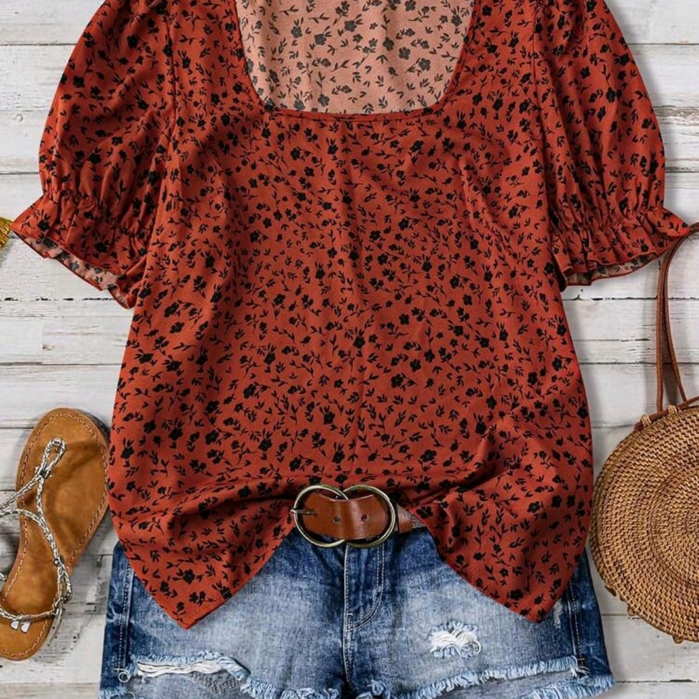Shein Brown and Orange Floral Puff Sleeve Ruffled Blouse 4X